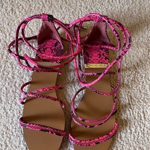 Antonio Melani pink and black snakeskin flat strappy sandals